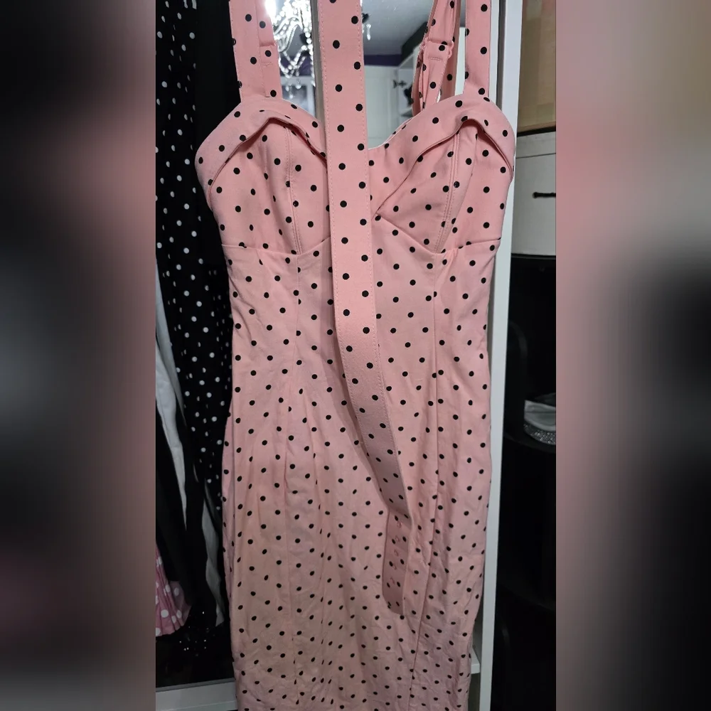 Vixen by Micheline Pitt Pink Polka Dot Midi Dress with Belt - Picture 4 of 7